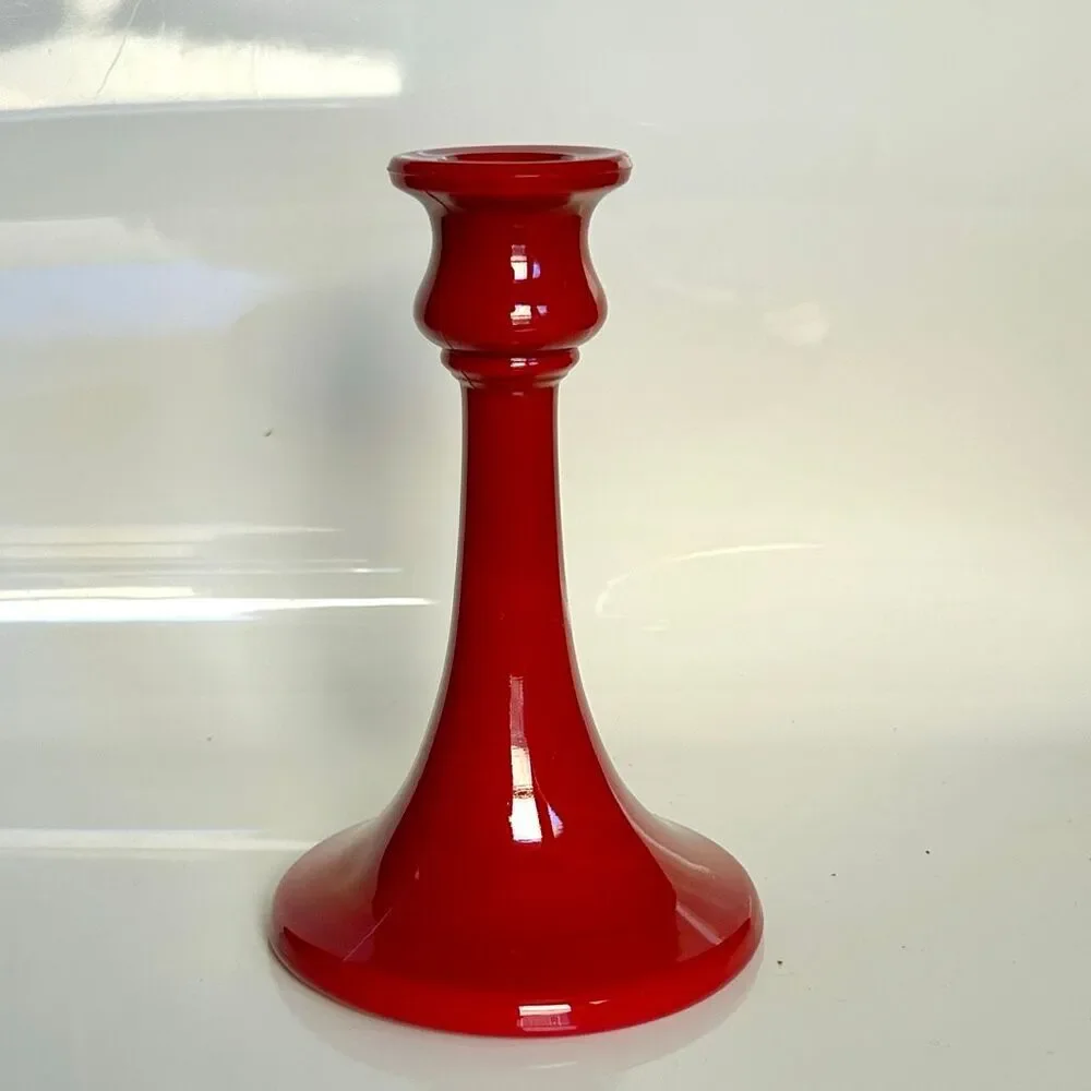 1920’s Northwood Glass Chinese Coral Red Candlestick Rainbow Line Cadmium UV Glo